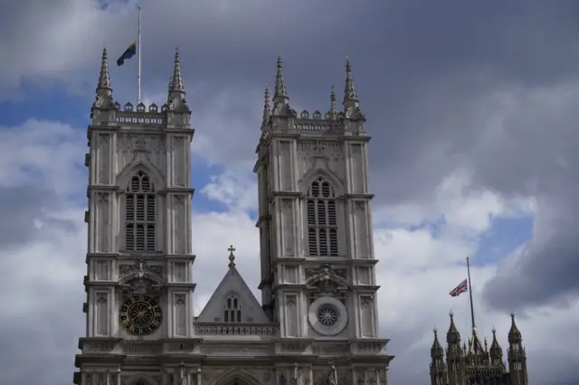 Westminster Abbey flying its flags at half mast