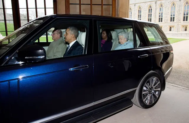 Prince Philip driving the Obamas and the Queen