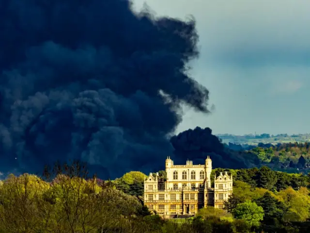 Large plumes of black smoke was seen from Wollaton Hall, in Nottingham