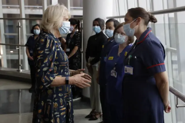 The Duchess of Cornwall talking to nurses