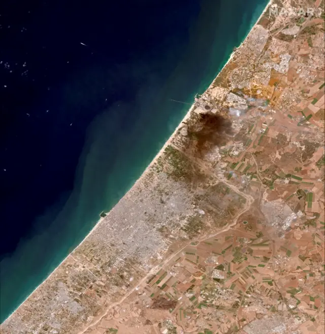 A satellite view shows an overview of southern Israel and Gaza on 12 May 2021. Satellite image 2021 Maxar Technologies/Handout