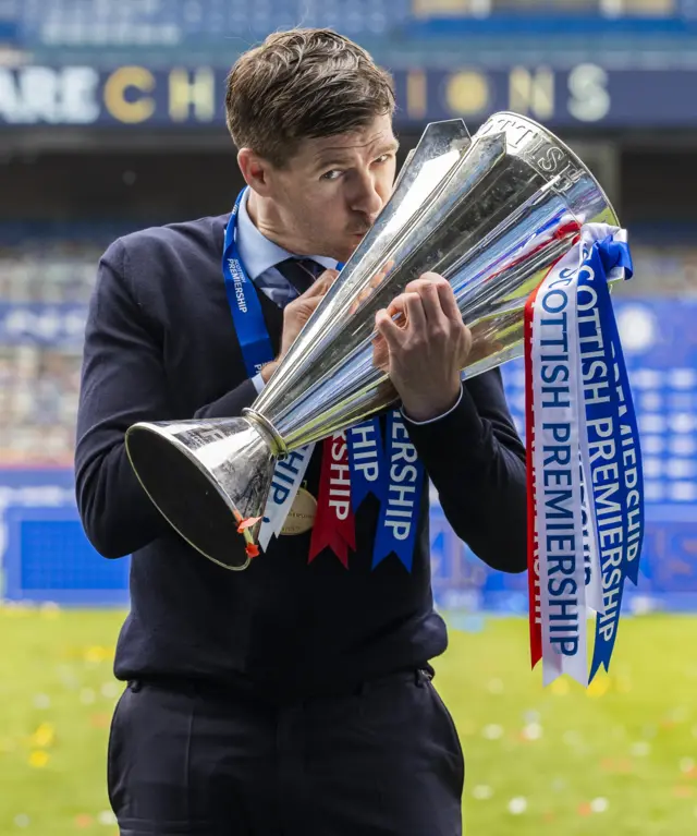 Rangers manager Steven Gerrard with the Premiership trophy