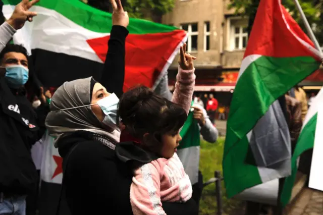 Protesters march on al-Nakba Day to demonstrate for the rights of Palestinians on 15 May 2021 in Berlin, Germany