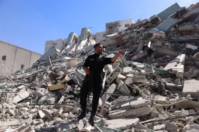 Rubble of destroyed tower block in Gaza