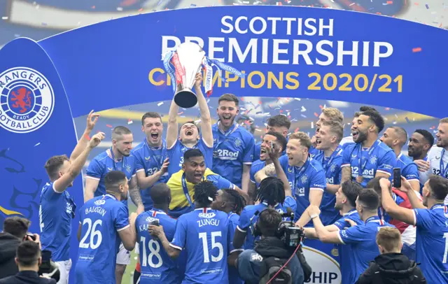 Rangers celebrate with the Premiership trophy