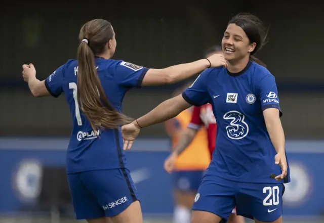 Fran Kirby and Sam Kerr celebrate a goal