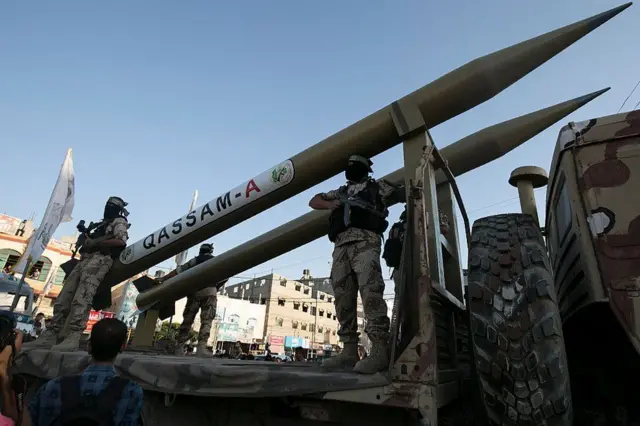 A rocket on display in Gaza