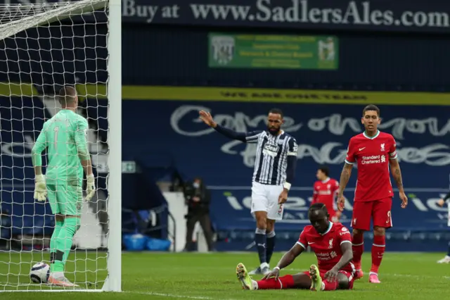 Sadio Mane on the floor after his goal was disallowed