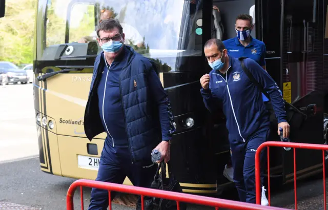 Tommy Wright arrives at New Douglas Park along with the rest of the Kilmarnock team