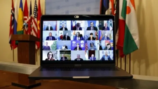 A computer screen is seen while members of the UN Security Council meet virtually