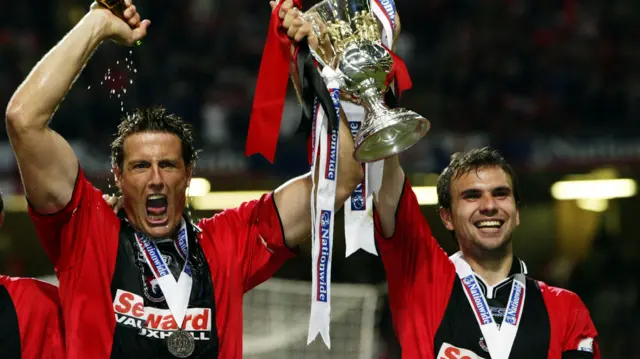 Steven Fletcher and Carl Fletcher celebrate Bournemouth's promotion via the play-offs in 2003