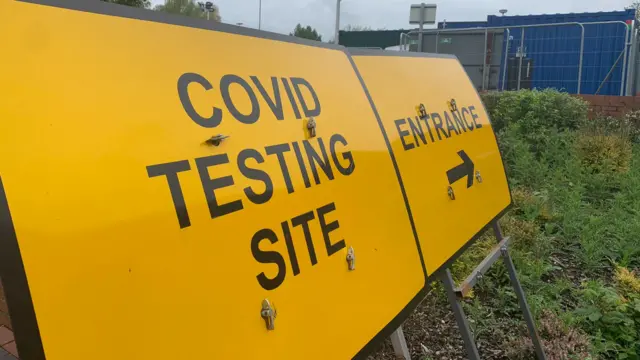 Signs for Covid testing site in Nuneaton