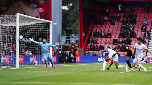 Dominic Solanke hits post