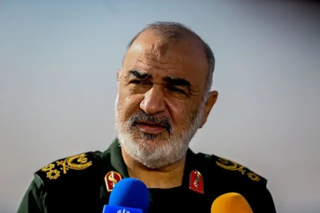 Commander-in-chief of the Islamic Revolutionary Guard Corps Hossein Salami makes a speech during a military drill with ballistic missiles and unmanned air vehicles at Great Salt Desert, in the middle of the Iranian Plateau, on January 15, 2021 in Iran