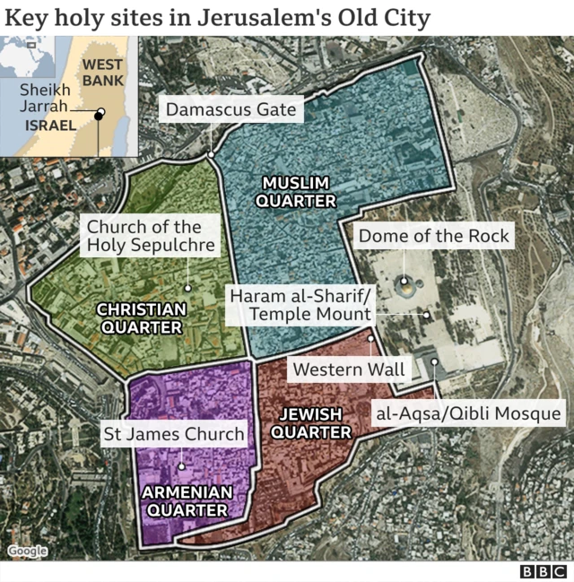 Map showing holy sites in Jerusalem