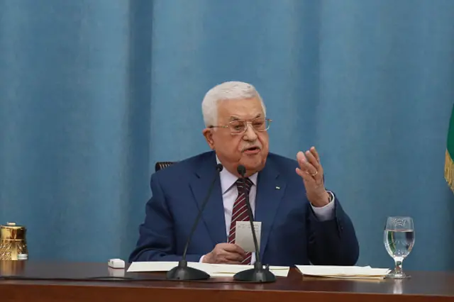 Palestinian President Mahmoud Abbas makes a speech during a press conference on Israeli attacks to Gaza and Jerusalem, at Prime Ministry Office in Ramallah, West Bank on May 12, 2021