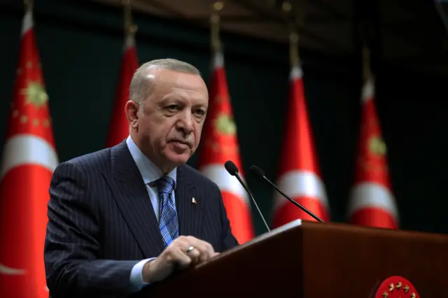 Turkish President Tayyip Erdogan gives a statement after a cabinet meeting in Ankara, Turkey, May 17, 2021.