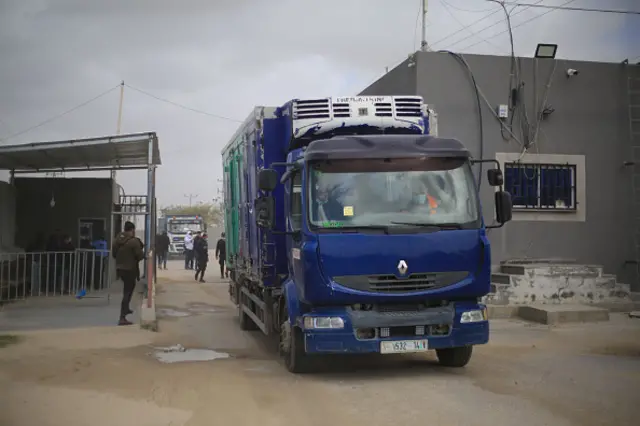 A truck passes through a security checkpoint on the Palestinian side of the Kerem Shalom border crossing, in south of Rafah, Gaza, Palestine, on February 17, 2021