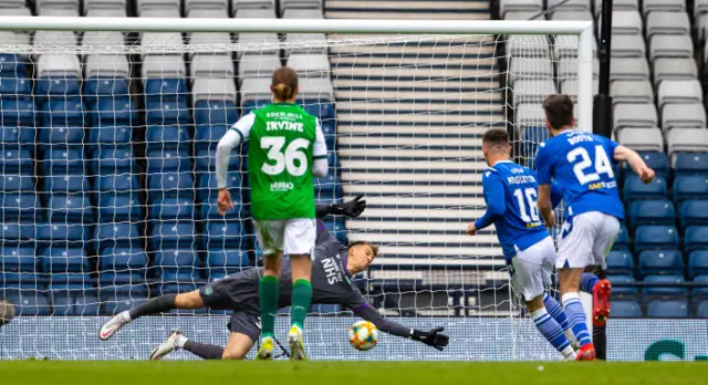 Matt Macey saves Glenn Middleton's penalty to keep Hibs in the match