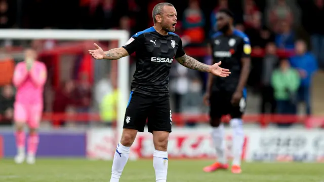 Jay Spearing of Tranmere holds his hands out in frustration