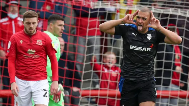 James Vaughan celebrates scoring for Tranmere