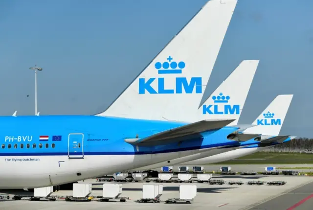 KLM airplanes are seen parked at Schiphol Airport in Amsterdam, Netherlands