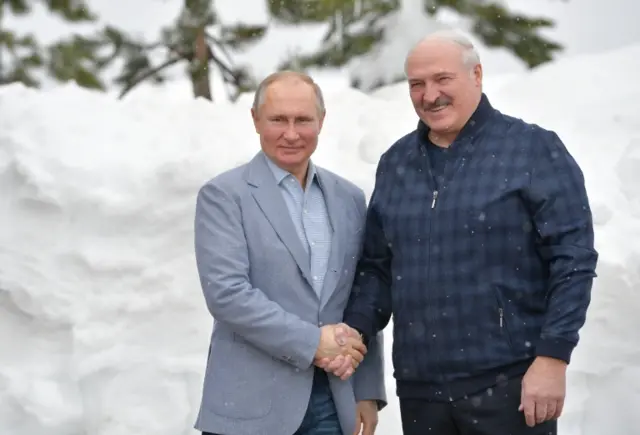 Russian President Vladimir Putin (L) shakes hands with his Belarusian counterpart Alexander Lukashenko