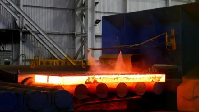 Steel is seen in the rolling mill