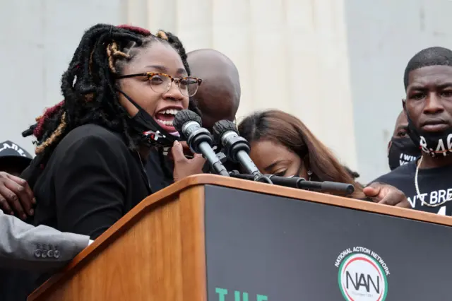 Bridgett Floyd, the sister of George Floyd, who was killed in police custody in Minneapolis, speaks at the Lincoln Memorial during the "Commitment March: Get Your Knee Off Our Necks" protest against racism and police brutality, on August 28, 2020, in Washington, DC