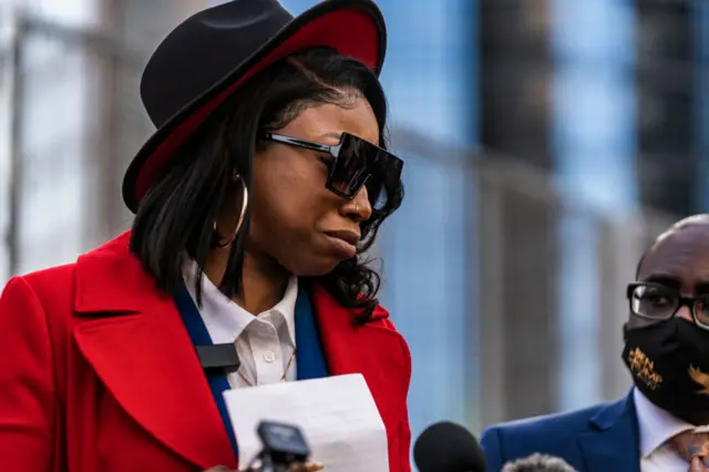 Bridgett Floyd, George Floyd's sister, addressed the media on the first day of the Derek Chauvin trial, Monday, March 8, 2021, at the Hennepin County Government Center in downtown Minneapolis.