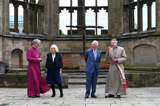 The Prince of Wales and the Duchess of Cornwall alongside the Bishop of Coventry, Rev Christopher Cocksworth (left) and the Dean of Coventry Rev John Witcombe (right) during a visit to Coventry Cathedra