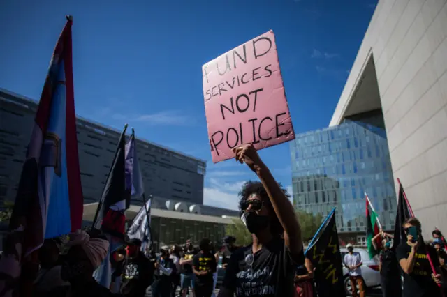 Janne Lennox participates in a Black Lives Matter protest near City Hall on the first anniversary of George Floyd's murder, May 25, 2021 in Los Angeles, California