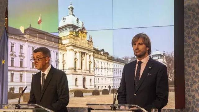 Czech Prime Minister Andrej Babis (L) and Czech Health Minister Adam Vojtech during their press conference at government headquarter in Prague on March 03, 2020