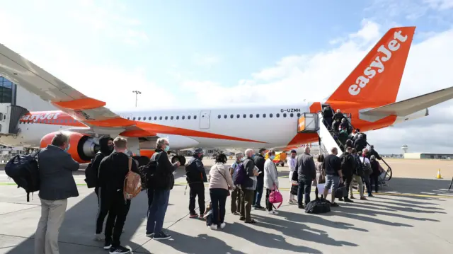 People boarding an easyJet flight to Portugal
