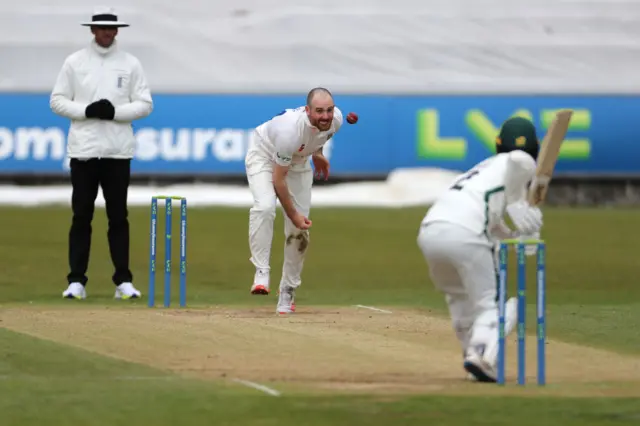 Durham's Ben Raine bowling to Worcestershire's Jake Libby during the County Championship match between Durham and Worcestershire