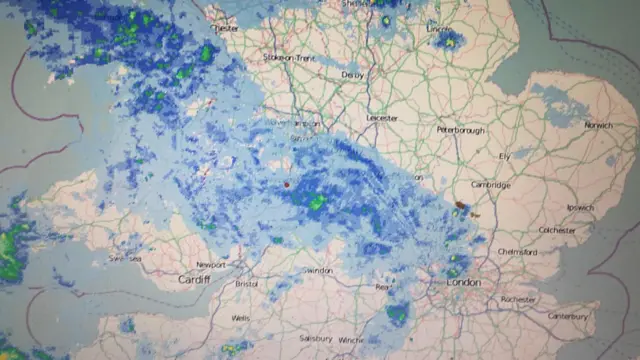 The satellite map from Netweather.tv that shows the band of the rain over the Midlands