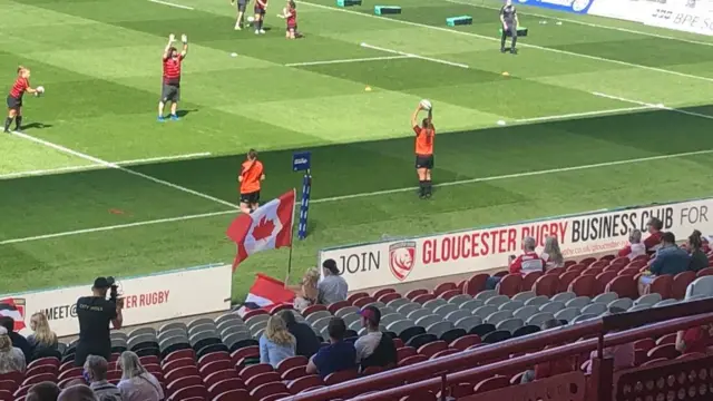 Two fans wave Canadian flags next to the pitch