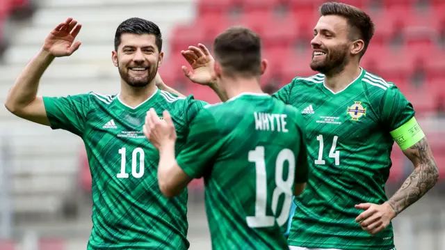 Northern Ireland celebrate their first goal.