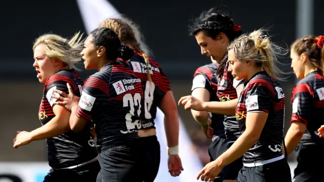 Marlie Packer of Saracens (far left) celebrates