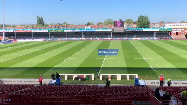 Sun shining on the pitch at Kingsholm