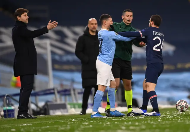 Phil Foden scuffles during the Champions League semi-final against PSG