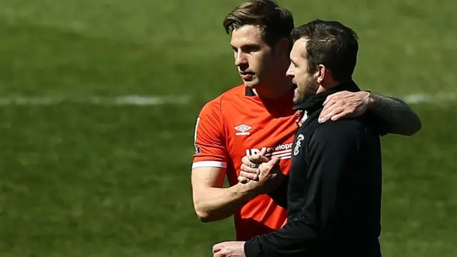 Luton striker James Collins with manager Nathan Jones