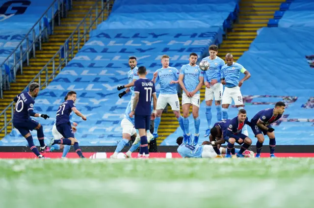 Neymar's free-kick deflects behind for a corner