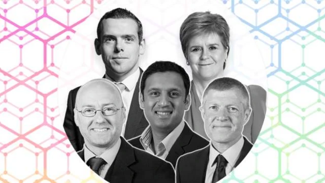 Scottish Greens co-leader Patrick Harvie, Scottish Conservative leader Douglas Ross, Scottish Labour leader Anas Sarwar, SNP leader and First Minister Nicola Sturgeon, Scottish Lib Dems leader Willie Rennie (L-R)