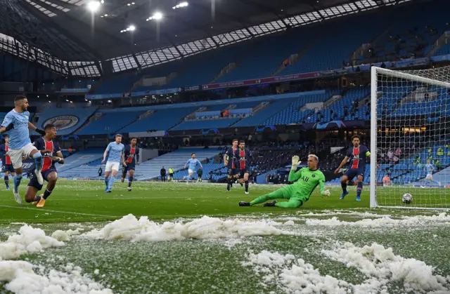 Riyad Mahrez scores for Manchester City against PSG