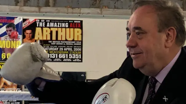 Alex Salmond dons boxing gloves at the gym of one of Alba's candidates