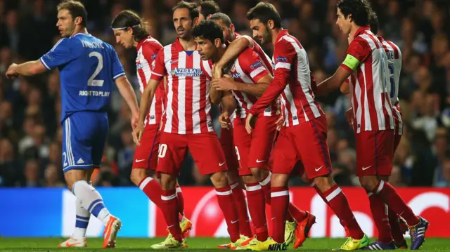 Diego Costa (centre) and Atletico Madrid team-mates celebrate scoring against Chelsea in 2014