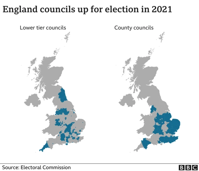 Maps of England showing areas where there are elections