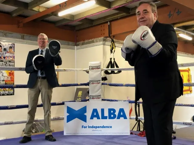 ALBA Party leader Alex Salmond with Kenny MacAskill at Alex Arthur"s Boxing Gym in Edinburgh during his campaigning for the Scottish Parliamentary election.