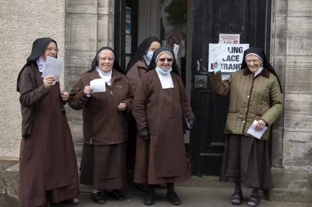 Sisters from Carmelite Monastery in Dysart arrive to cast their vote in the Scottish Parliamentary election at Dysart Community Hall, West Port, Dysart.